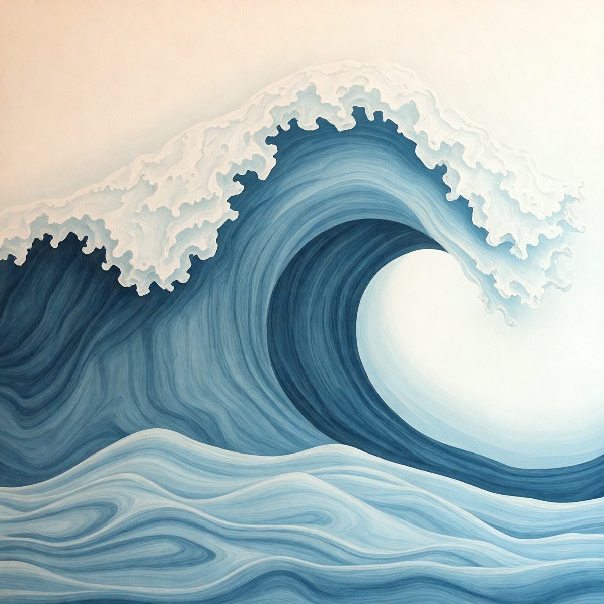 The primary subject of the image is a large wave, which is the main focus of the scene. The wave is depicted in a painting or drawing, giving it a more artistic and detailed appearance. The setting is the ocean, with the wave crashing against the surface. The visual style is a combination of artistic expression and realism, creating a dynamic and engaging scene. The dominant colors in the image are blue and white, which contribute to the overall mood of the painting, evoking a sense of power and beauty in the natural world.
